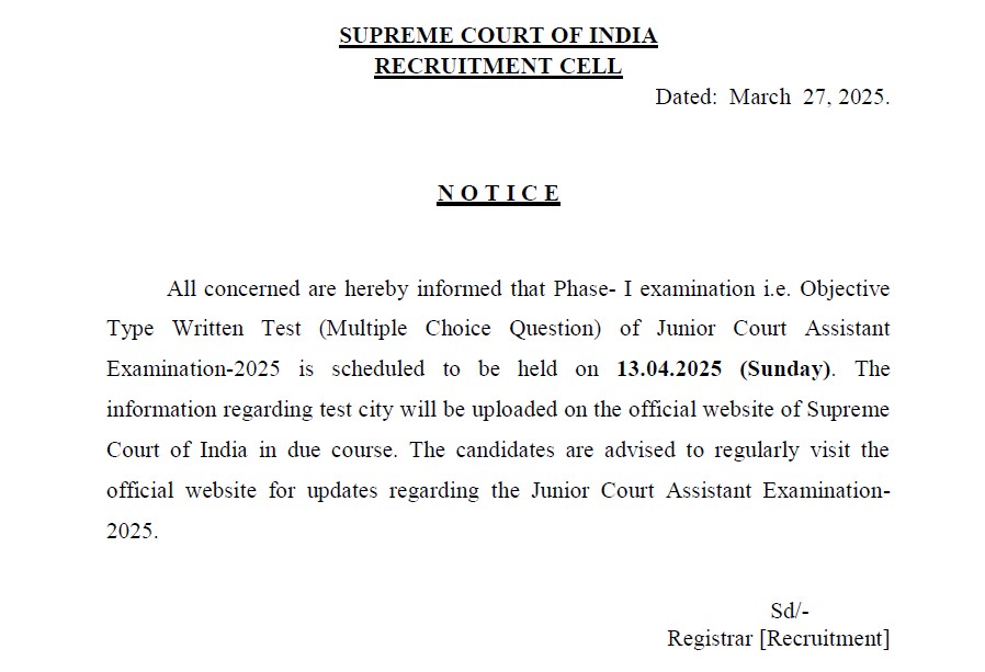 SCI JCA Exam Date Notice
