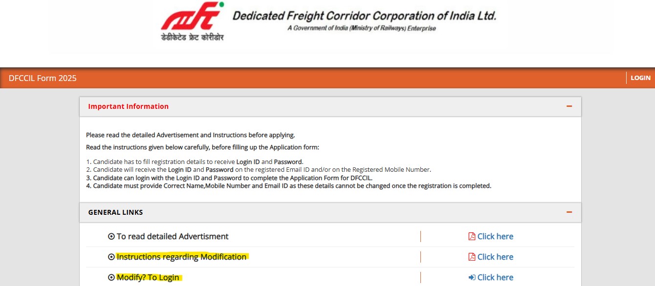 Correction Window Active for DFCCIL 2025