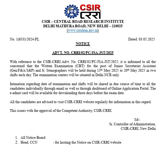 CSIR CRRI Exam Date