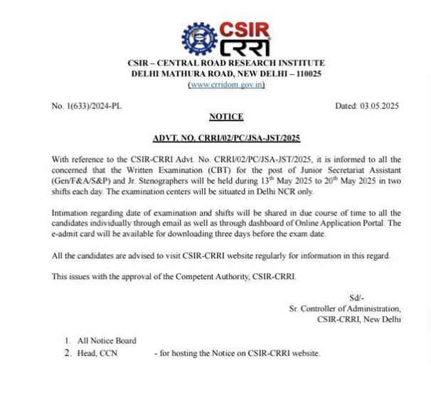 CSIR CRRI Admit Card 2025