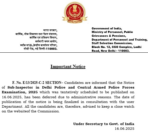 SSC CPO Delay Notice
