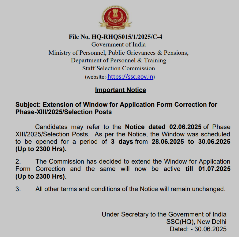 SSC Selection Post Phase 13 Notification 2025, Correction Window Date Extended_3.1